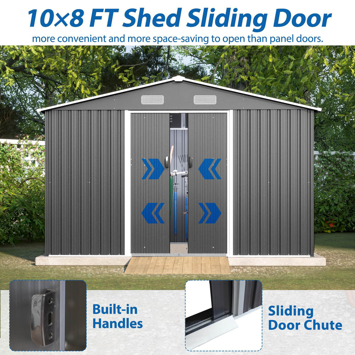 10X8 FT Outdoor Storage Shed, Metal Foundation & Lockable Doors, Tool Shed For Garden, Patio, Backyard, Lawn, Grey