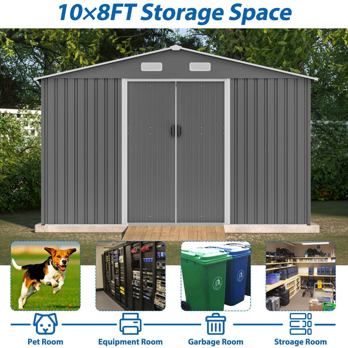 10X8 FT Outdoor Storage Shed, Metal Foundation & Lockable Doors, Tool Shed For Garden, Patio, Backyard, Lawn, Grey