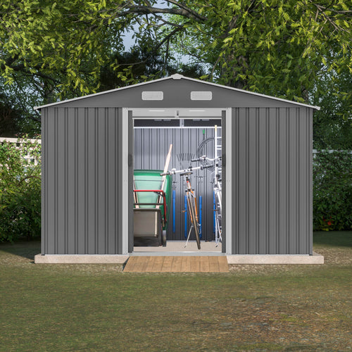 10X8 FT Outdoor Storage Shed, Metal Foundation & Lockable Doors, Tool Shed For Garden, Patio, Backyard, Lawn, Grey