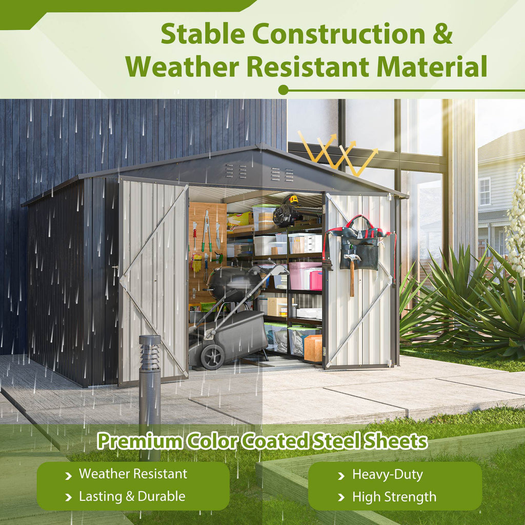 10X8 FT Outdoor Storage Shed, All Weather Metal Sheds With Lockable Doors, Tool Shed For Garden, Patio, Backyard, Lawn, Black