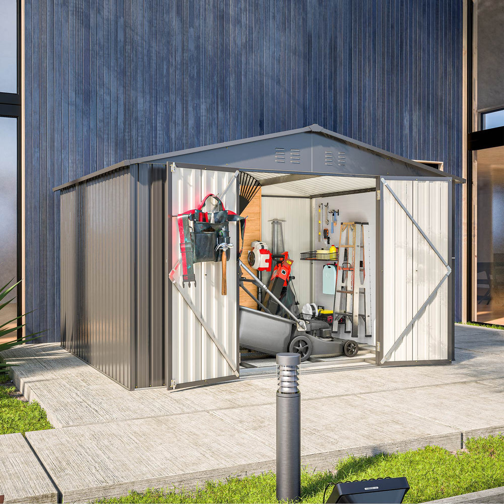 10X8 FT Outdoor Storage Shed, All Weather Metal Sheds With Lockable Doors, Tool Shed For Garden, Patio, Backyard, Lawn, Black