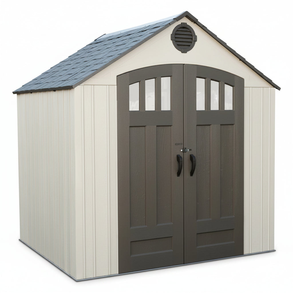 Storage shed with beige walls and a gray roof on a white background