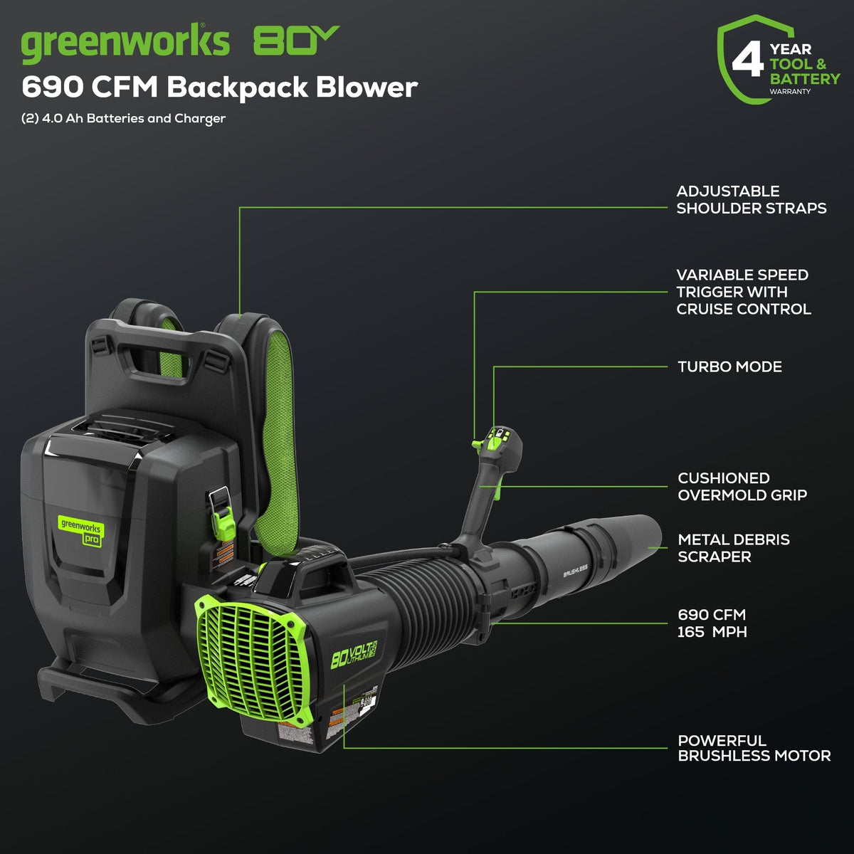 Greenworks BLB492 Cordless Backpack Blower Kit 80V 4.0Ah