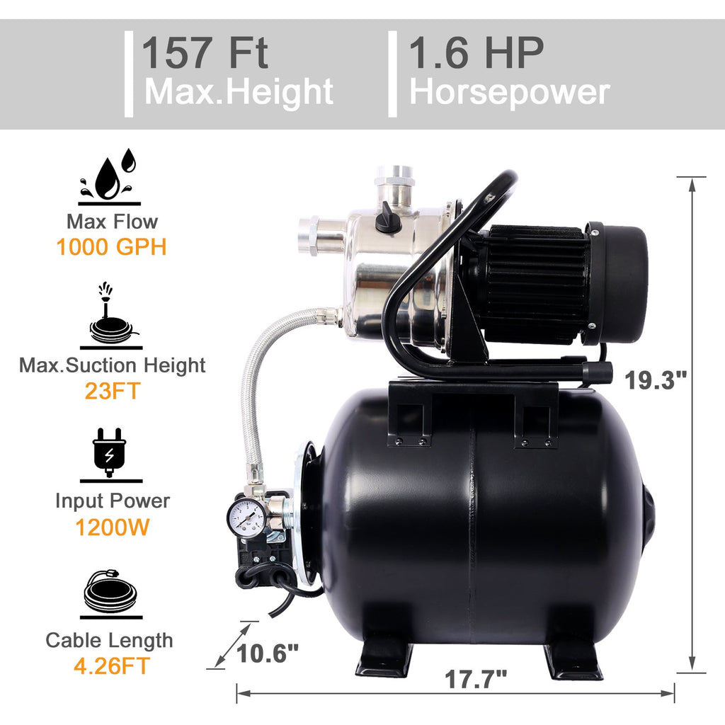 1.6HP Shallow Well Pump with 5-Gallon Pressure Tank – Automatic Water Booster, Garden & Irrigation Pump