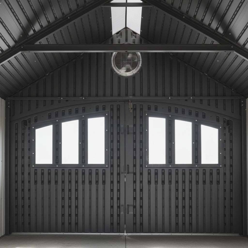 Architectural detail of a building with a vaulted ceiling and large door with windows.