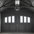 Architectural detail of a building with a vaulted ceiling and large door with windows.