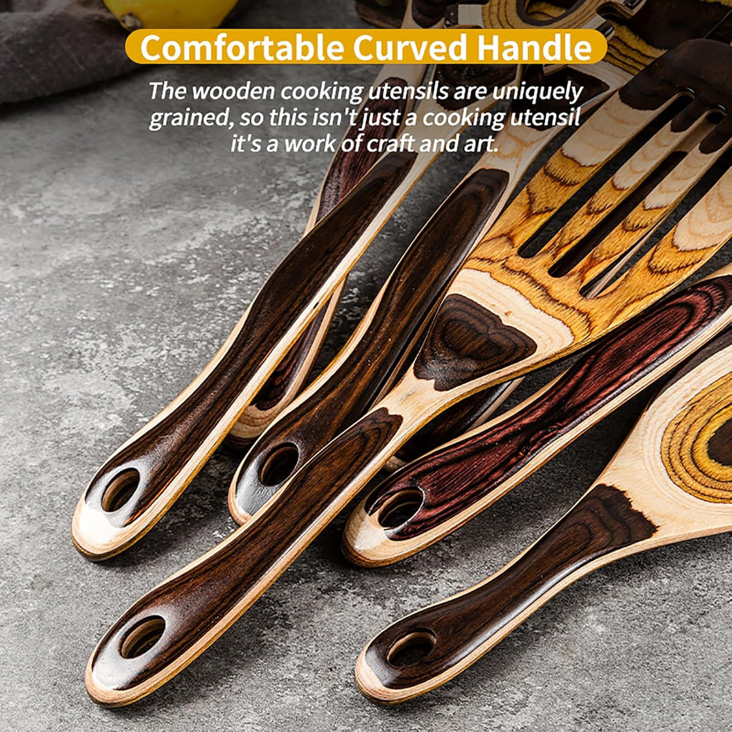 7-Piece Pakkawood Wooden Cooking Utensil Set – Brown Eco-Friendly Kitchen Spoons & Tools for Home Cooking