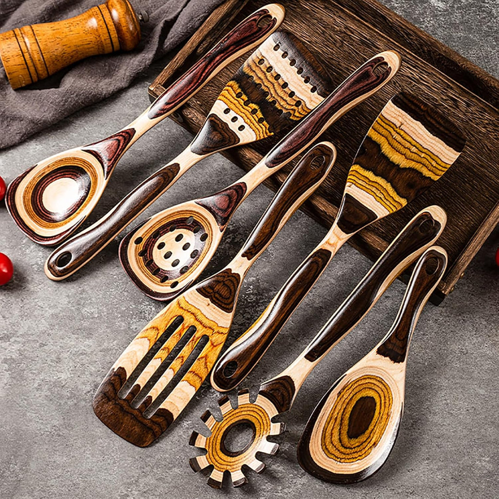 7-Piece Pakkawood Wooden Cooking Utensil Set – Brown Eco-Friendly Kitchen Spoons & Tools for Home Cooking