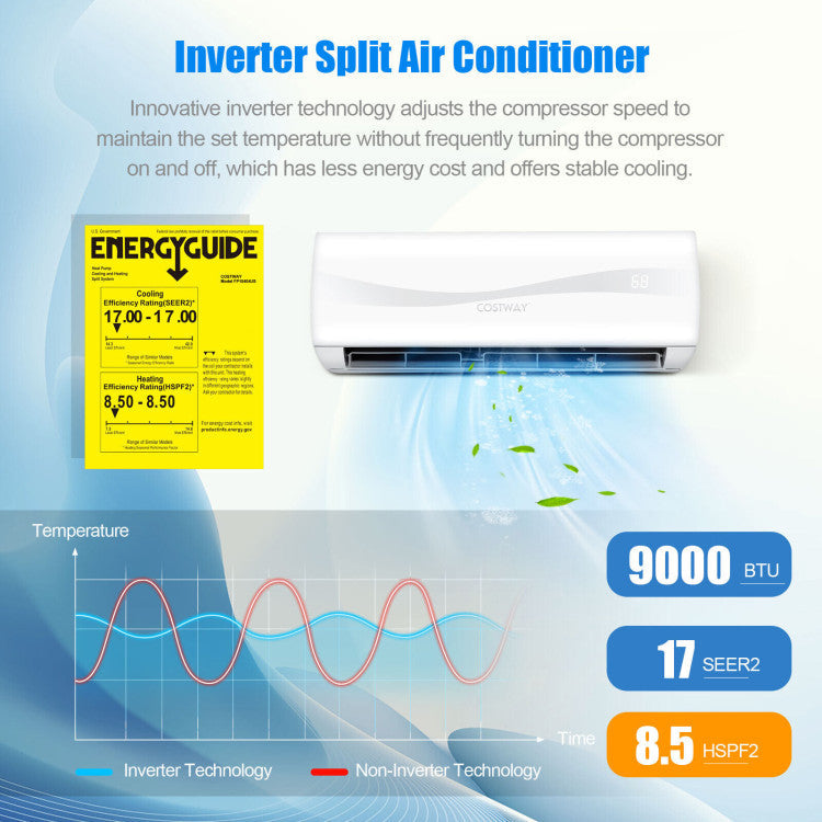 9000 BTU 17 SEER2 208-230V Ductless Mini Split Air Conditioner and Heater