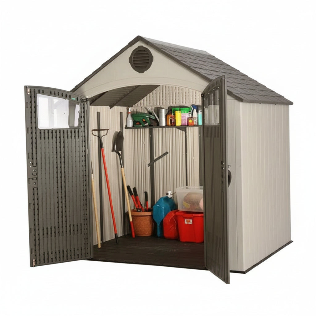 Storage shed with tools and items inside on a white background