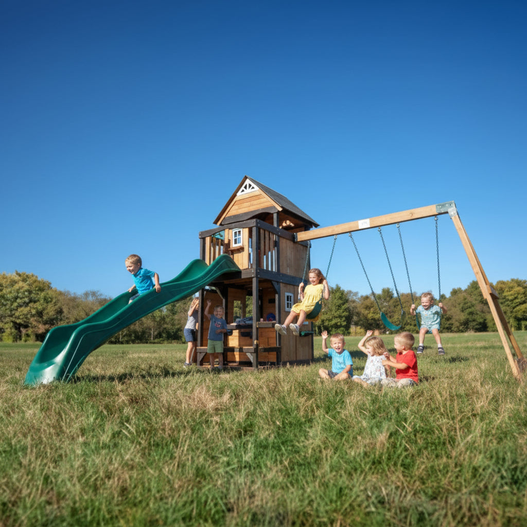 Children playing on a wooden swing set with a slide in an open field under a clear blue sky.