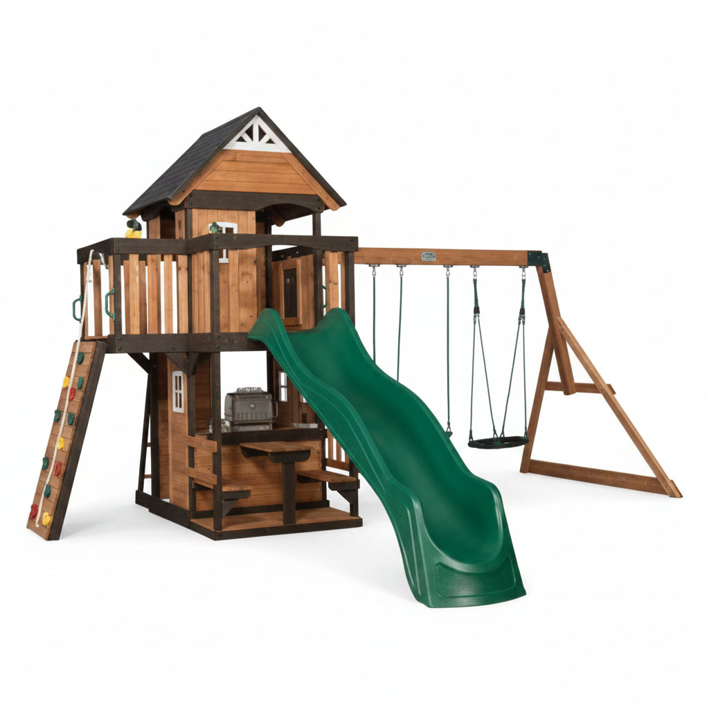 Wooden playset with green slide and swings on a white background