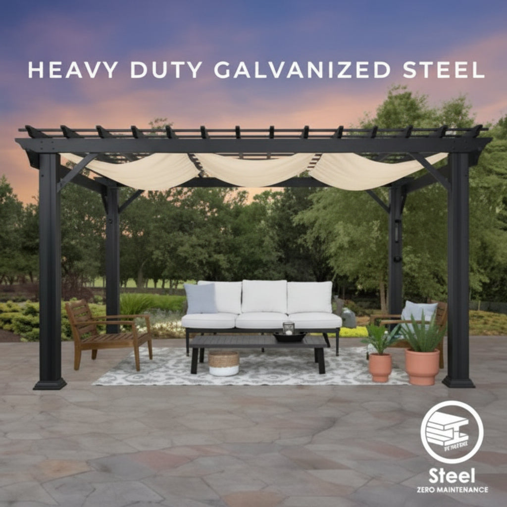 14x10 stratford traditional steel pergola with sail shade soft canopy