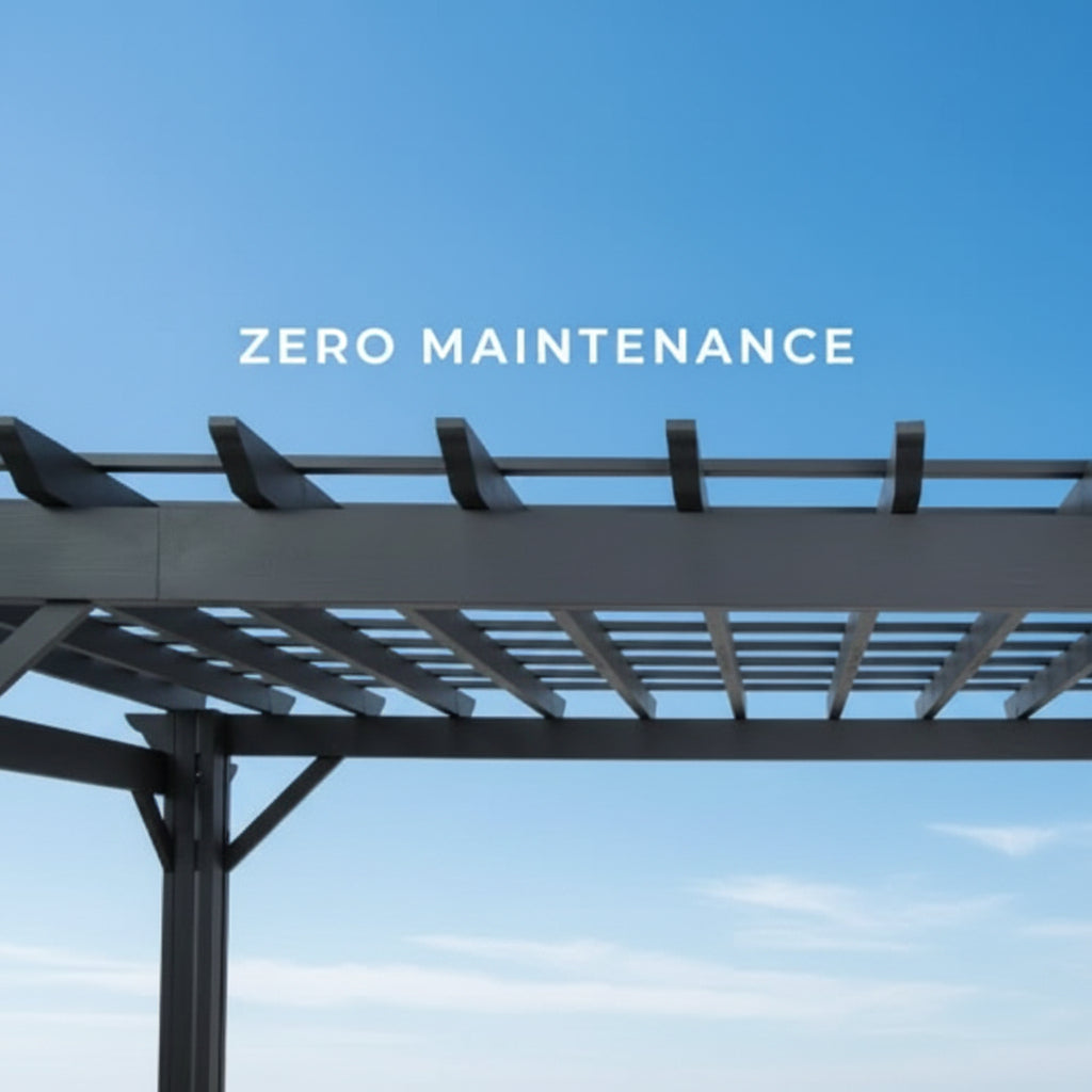 Pergola with 'Zero Maintenance' text against a blue sky