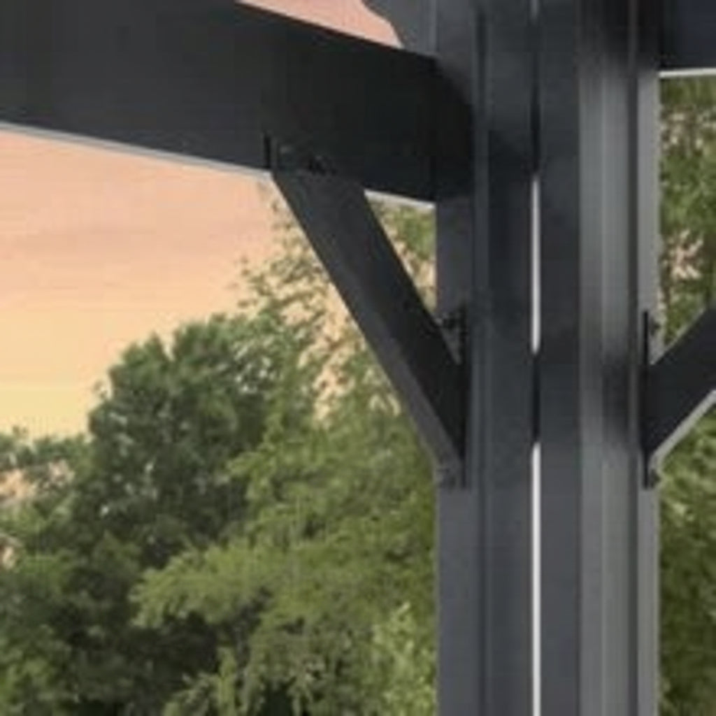 Powder-coated stainless steel hardware on a metal structure with trees in the background