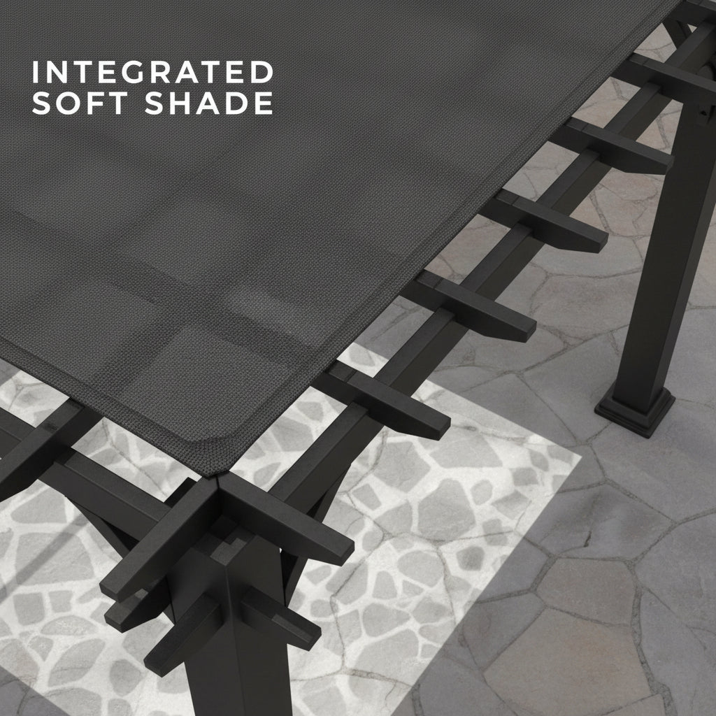 Black metal patio umbrella with soft shade feature on a stone patio