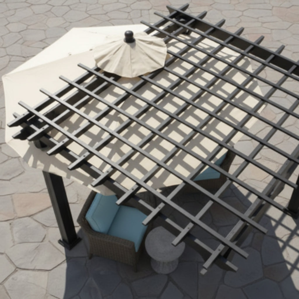 Outdoor patio umbrella with multiple rafter design on a stone patio