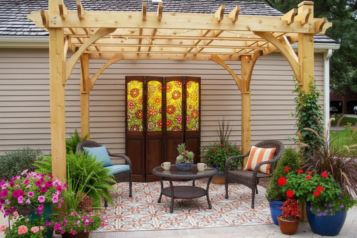 Wooden pergola with outdoor furniture and plants on a patio