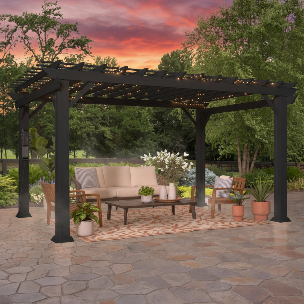 Black pergola with outdoor furniture on a stone patio