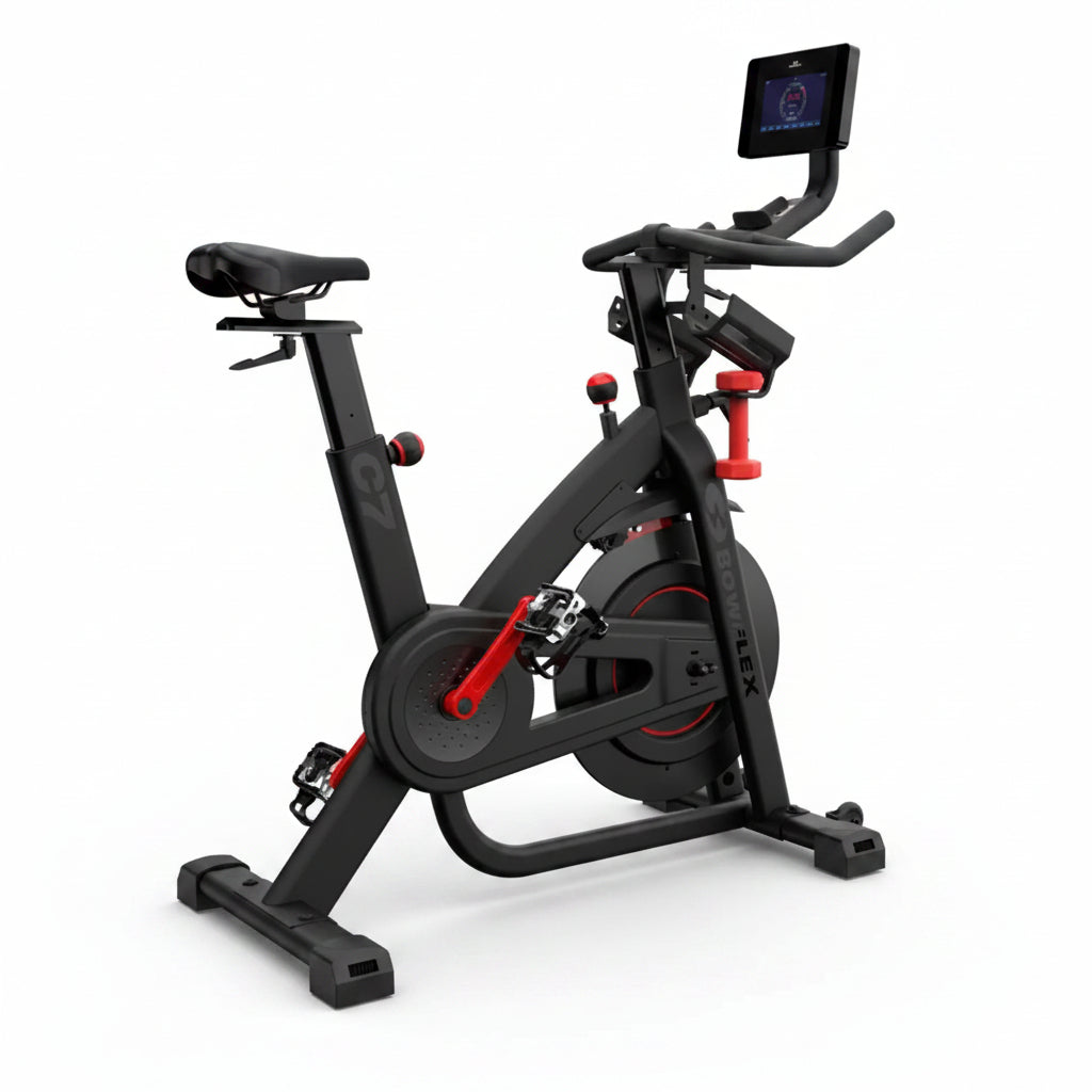 Black and red exercise bike with a digital display on a white background