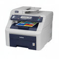 Brother printer with a colorful document on the tray against a white background