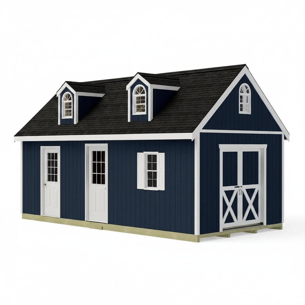 Blue storage shed with white trim on a white background